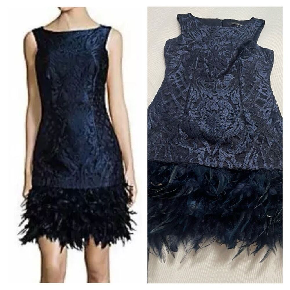 David Meister Navy Blue Feather Dress Size 2